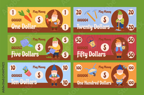 Game money gnomes childish monopoly banking gaming financial entertainment set vector flat