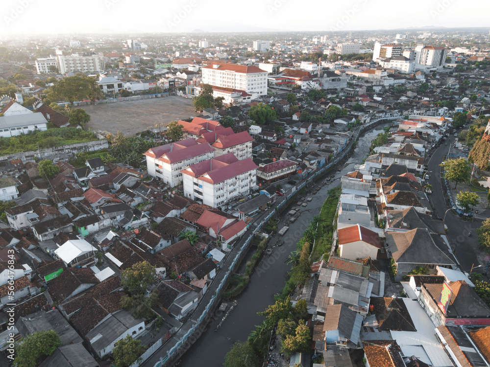 Aerial traffic with in railway bridge in Yogyakarta City. Yogyakarta, Indonesia - January, 2023.