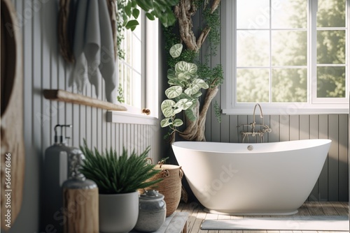 Bath Room  Interior Design  Industrial Elegance  Series    White brick walls  raw wood surfaces and exposed ductwork  with a touch of black metal detailing. Generative AI 