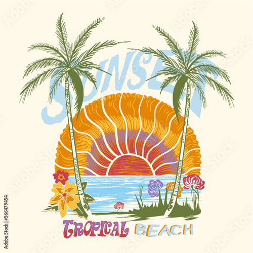 palm tree tropical beach with big sunset, tropical sunset. surf and beach. vintage beach print. tee graphic design