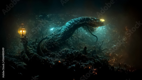 Scary sea monster in the deep water