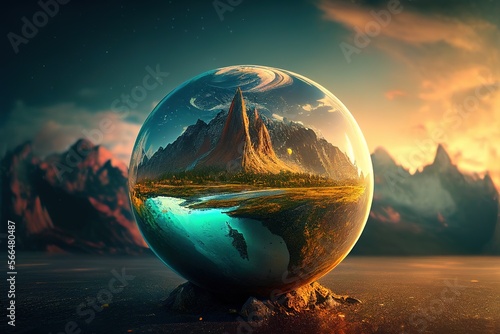 Abstract glass sphere at stunning landscape at sunset. Generative art