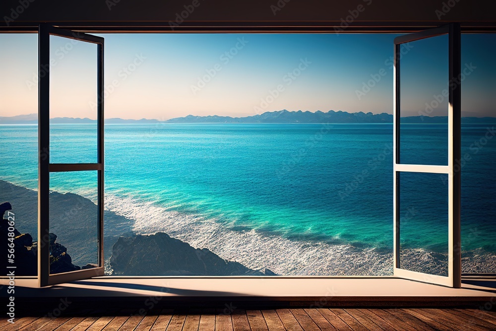 Fototapeta premium Open window and sea view. Generative art