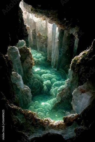 Fairy lake in the cave in the magical fairy world. Generative AI Art.