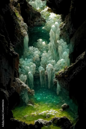 Fairy lake in the cave in the magical fairy world. Generative AI Art.