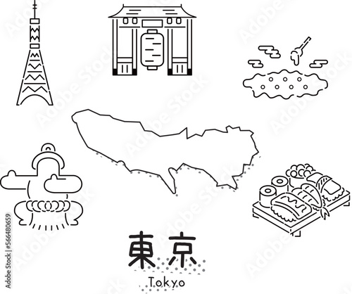 日本の東京都のグルメ観光アイコンセット（線画白黒）