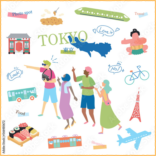 日本の東京都のグルメ観光を楽しむ旅行客とアイコンセット