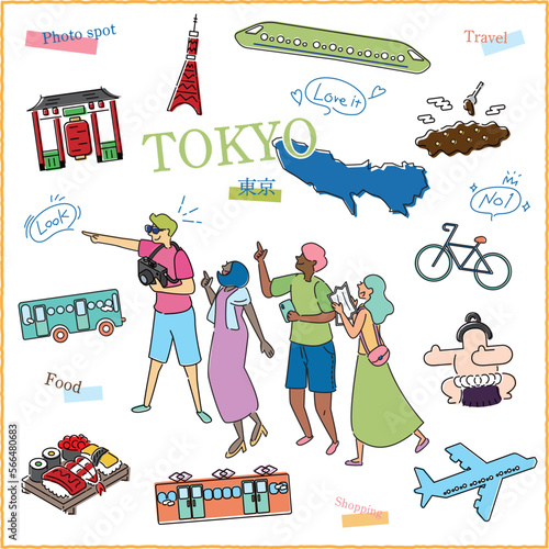 日本の東京都のグルメ観光を楽しむ旅行客とアイコンセット（線画）