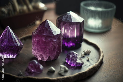 Magic purple gemstones for esoteric spiritual practice, Healing Crystal Ritual, Witchcraft, future predictions. Generative AI illustration