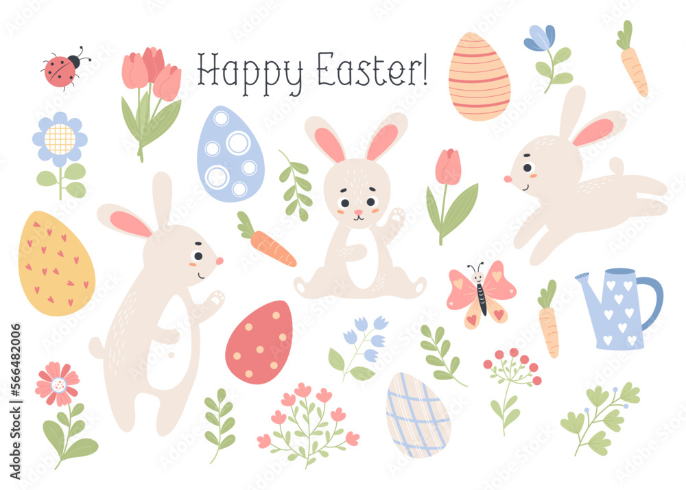 Easter spring collection. Cute rabbits, eggs, flowers, insects, plants and watering can. Vector illustration. isolate hand drawn flat cartoon elements.