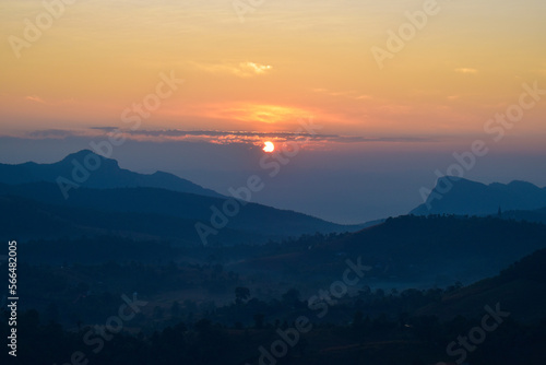 Scenery top view of the mountains in an early morning in Tambon Ban Pae, Chiang Mai, Thailand. December 2022.