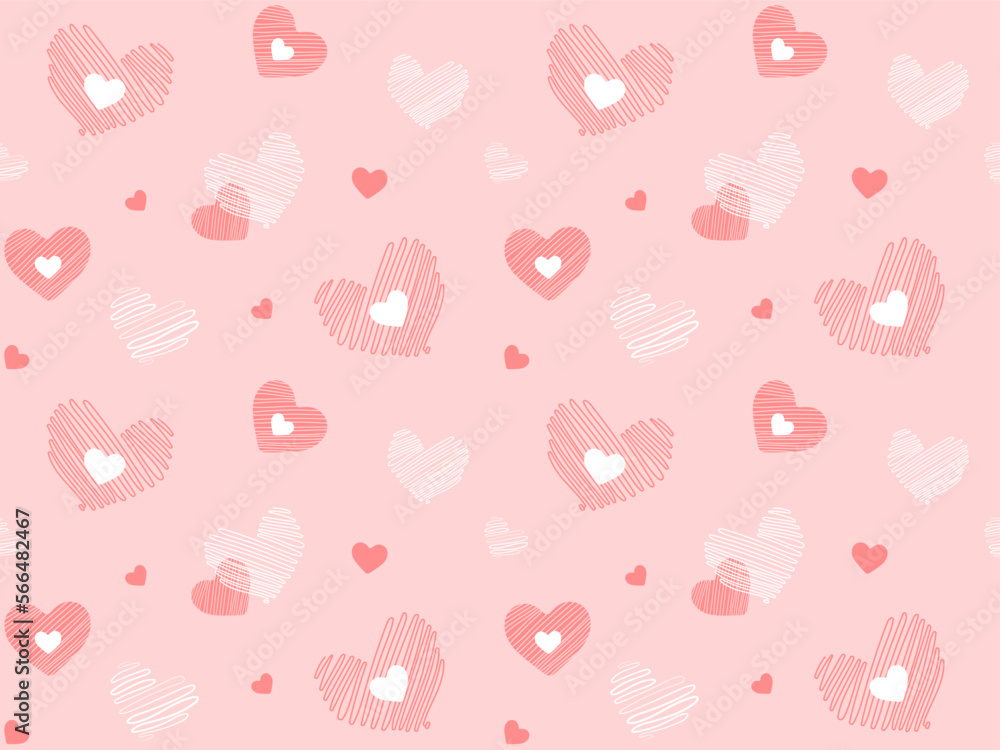 Seamles pattern with cute red and white doodle hearts on pink background. Vector illustration for wrapping paper, decor, cards, backgrounds on Valentine's Day. Print design textile for kids fashion. 
