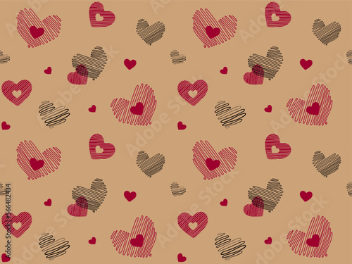 Seamles pattern with cute red and black doodle hearts on kraft  paper background. Vector illustration for wrapping paper, decor, greeting cards, backgrounds. Print design textile. 