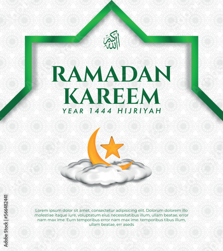 poster, social media post, banner, greeting card for Muslim holidays ramadan, eid al fitr, idil adha, with 3D ornament moon stars, podium and clouds photo