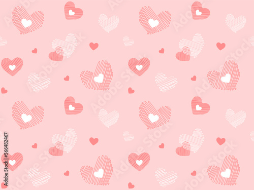 Seamles pattern with cute red and white doodle hearts on pink background. Vector illustration for wrapping paper, decor, cards, backgrounds on Valentine's Day. Print design textile for kids fashion. 