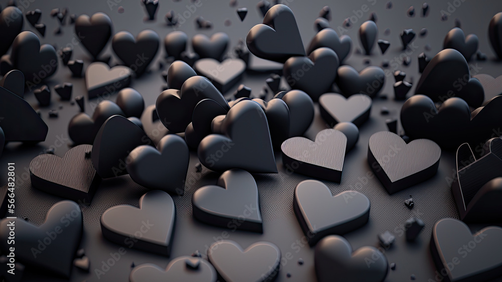 Obraz premium Heap from many small black 3D hearts. Valentine day design concept. Love background. Generative Ai