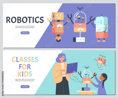 Robotics and programming classes for kids flyers set, flat vector illustration.
