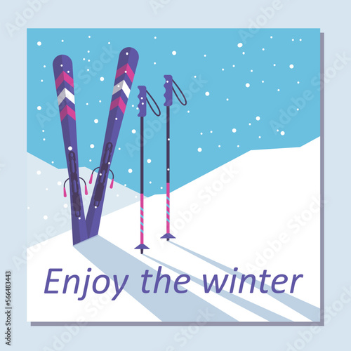 Winter fun and sport card or banner design with skis, flat vector illustration.