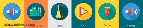 A set of 6 music icons as mute, music levels, violin