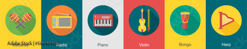 A set of 6 music icons as macaras, radio, piano