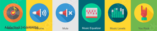 A set of 6 music icons as music cd, volume, mute