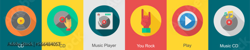 A set of 6 music icons as cd, music player, you rock