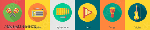 A set of 6 music icons as macaras, radio, xylophone