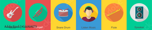 A set of 6 music icons as guitar, trumpet, snare drum