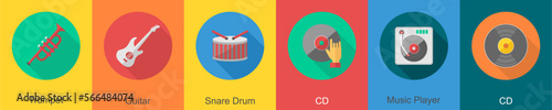 A set of 6 music icons as trumpet, guitar, snare drum