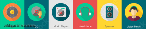 A set of 6 music icons as cd, music player, headphone