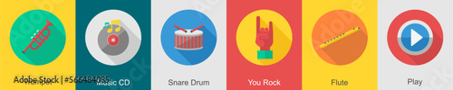A set of 6 music icons as trumpet, music cd, snare drum