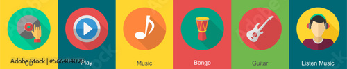 A set of 6 music icons as cd, play, music, bongo