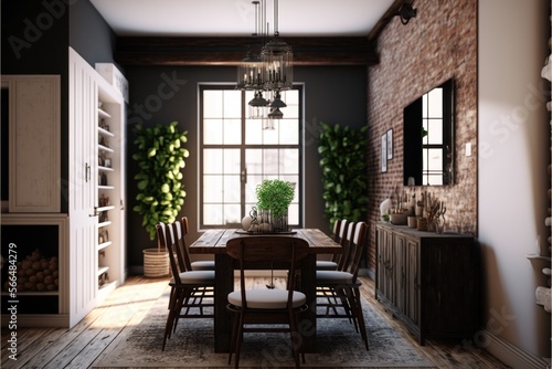Dining Room Interior Design Industrial Elegance Series: White brick walls, raw wood surfaces and exposed ductwork, with a touch of black metal detailing. Generative AI 