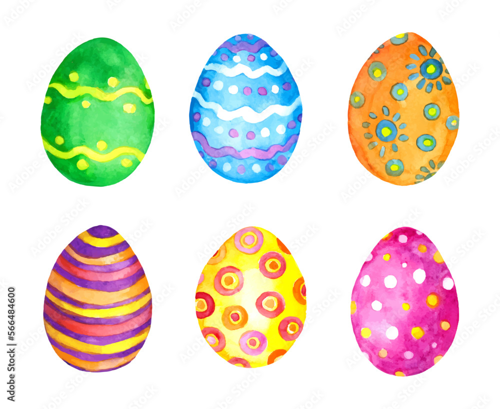 Watercolor vector set of Easter eggs design elements. Colored, decorated in bright color holiday egg with stripes, spots, decorative flowers. Water paint bundle collection 