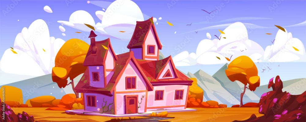 Nice country house surrounded by beautiful mountain landscape. Vector cartoon illustration of old cottage with red roof, autumn garden with orange grass, fall trees and bushes under sunny blue sky