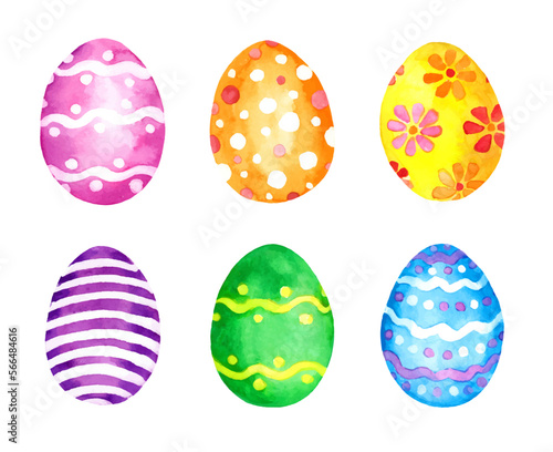 Watercolor Easter eggs set, colored and ornate by decorative flowers, dots, stripes in colorful colors. Vector water paint hand drawn egg bundle collection
