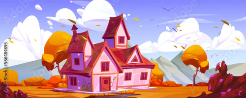 Nice country house surrounded by beautiful mountain landscape. Vector cartoon illustration of old cottage with red roof, autumn garden with orange grass, fall trees and bushes under sunny blue sky