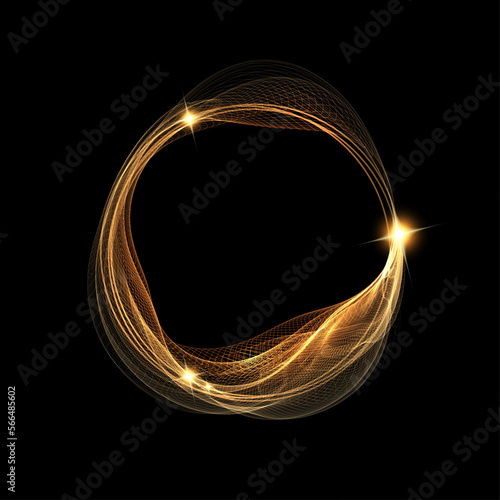 Isolated round frame, small transparent gold tulle on a black background.