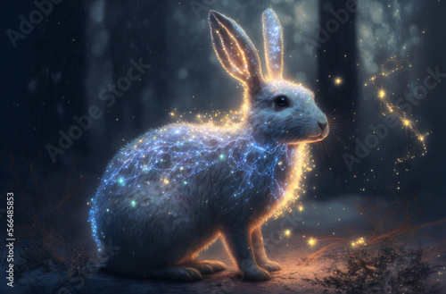 Magic festive rabbit covered in glowing lights in a winter scene and blur background. Generative AI. © BunpaengArt