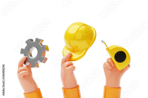 Fototapeta Naklejka Na Ścianę i Meble -  Hand holding construction tools labor day professional worker support development gear helmet tape measure cartoon 3d mockup background illustration