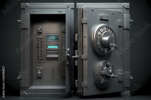 Safe deposit box, bank vault door with electronic lock open and closed. Generative AI