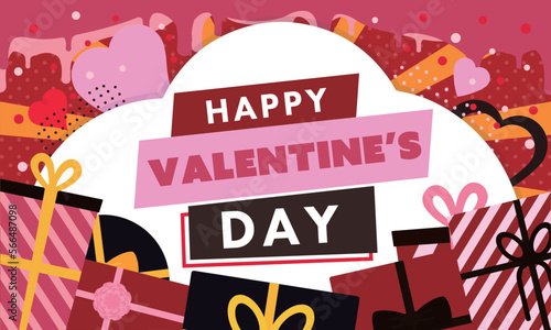 プレゼントやハートが並び立つハッピーバレンタインデーセール広告テンプレート（赤）　Happy Valentine's Day Sale ad template lined with gifts and hearts (red)
