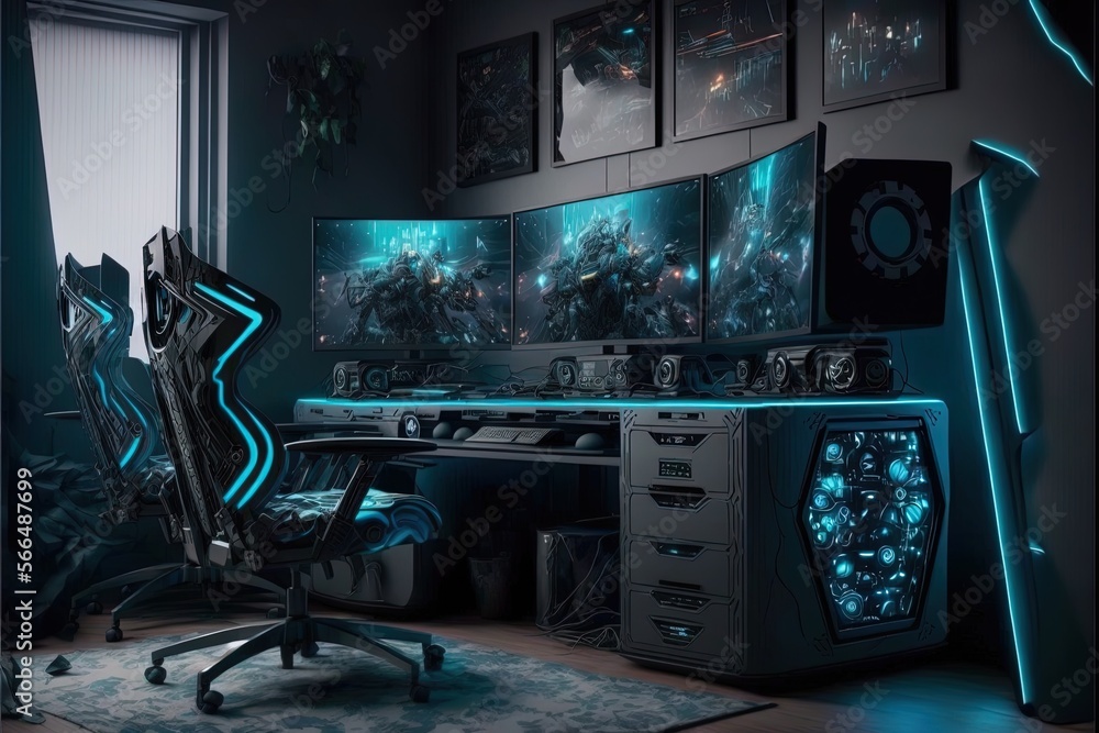 Spectacular gaming room interior, gaming pc, gaming desk, game setup room,  tv, desk for five People, futuristic, LED lights, cyberpunk color.  Generative AI Stock Illustration