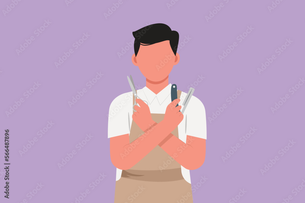 Cartoon flat style drawing empty place of virile harsh barber having his arms crossed, holding equipment in hand. Professional barber. Hairstylist gentleman concept. Graphic design vector illustration
