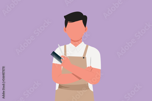 Graphic flat design drawing barber scissors and straight razor. Vintage barbershop, shaving. Mustache men. Beard macho man. Portrait beard man. Hairstylist gentleman. Cartoon style vector illustration