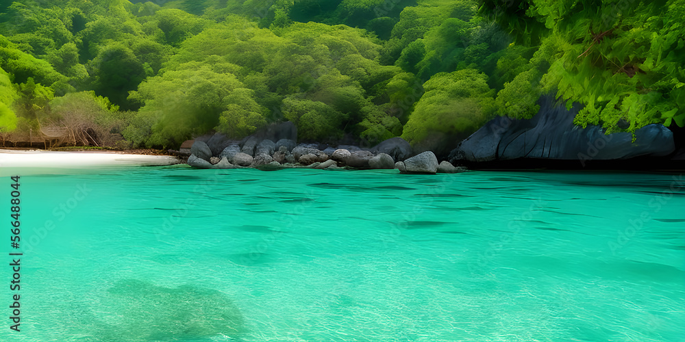 A secluded beach with crystal clear water, surrounded by lush tropical vegetation
