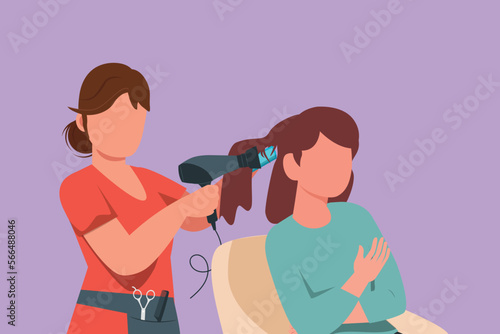 Cartoon flat drawing of happy young woman in hair salon. Going for change of style, discussing hairstyling with her hairdresser holding hair dryer. Success business. Graphic design vector illustration