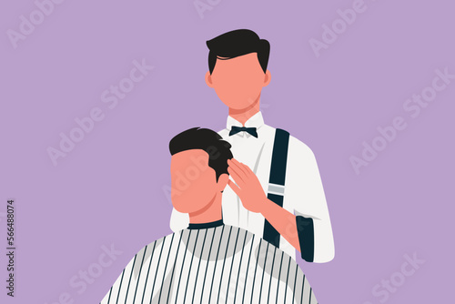 Character flat drawing of attractive classy dressed barber shop hairdresser is turning client`s head to present his work for him. Hairdo looks trendy and so perfect. Cartoon design vector illustration