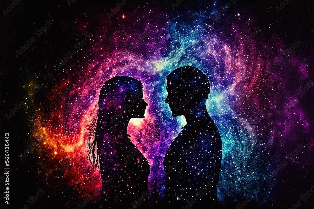 Man and woman silhouettes at abstract cosmic background. Human souls ...