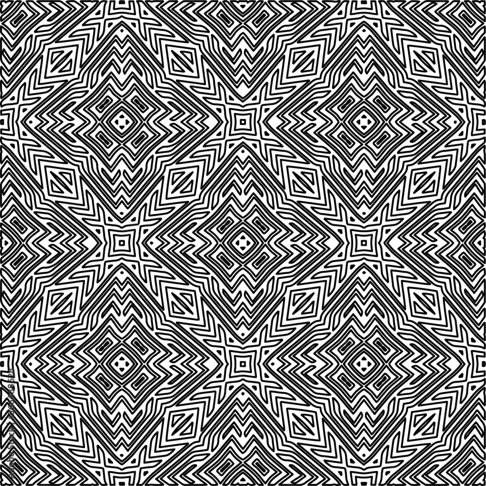 Stylish texture with figures from lines.
Abstract geometric black and white pattern for web page, textures, card, poster, fabric, textile. Monochrome graphic repeating design. 